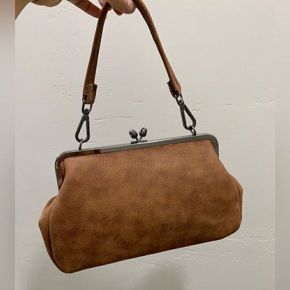 Brown Nubuck Cowhide Handmade “Tulip” Shaped Kisslock Handbag & 2 Strap Styles - Picture 8 of 15